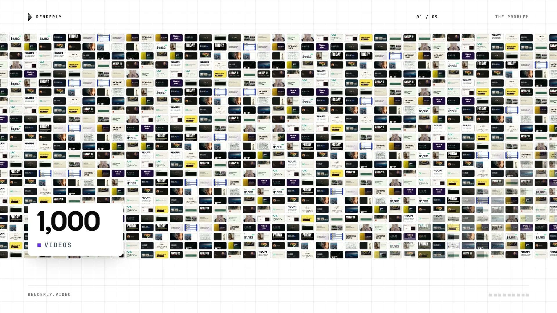 Renderly product tour preview - a grid of personalized videos generated from one template
