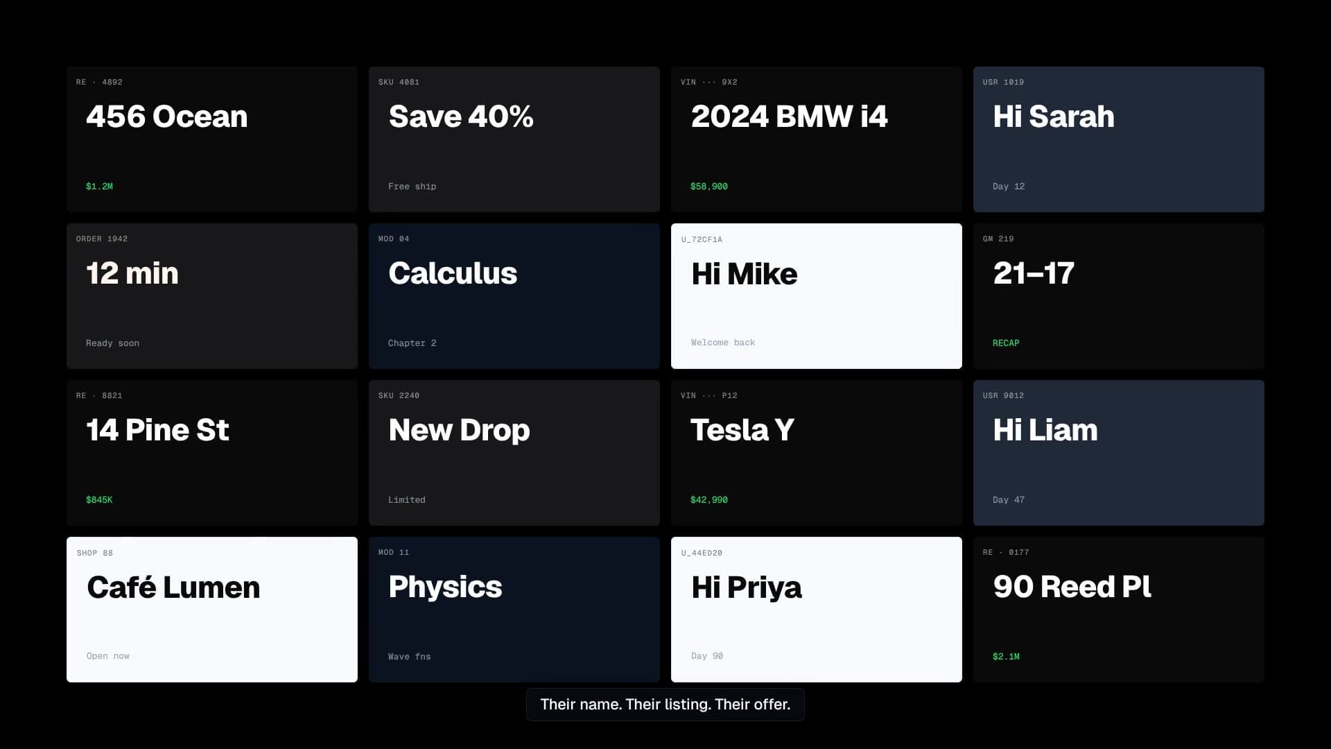 Renderly product tour preview - a grid of personalized videos generated from one template