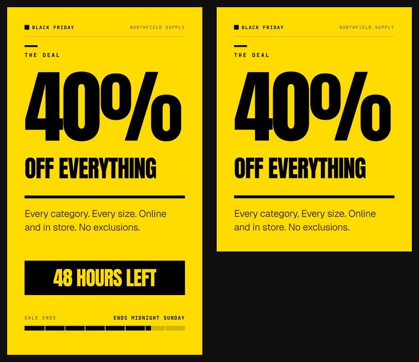 Two frames from the same template rendered at two canvas sizes. The 9:16 frame on the left shows the full design including the 48 HOURS LEFT bar and the deadline footer. The 4:5 frame on the right is pixel-identical at the top but the bottom third, including the urgency bar and footer, is missing.