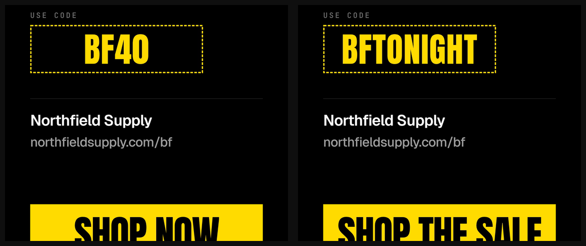 Two closing frames from different renders of the same template, one showing promo code BF40 and the other showing BFTONIGHT, with the rest of the layout identical.