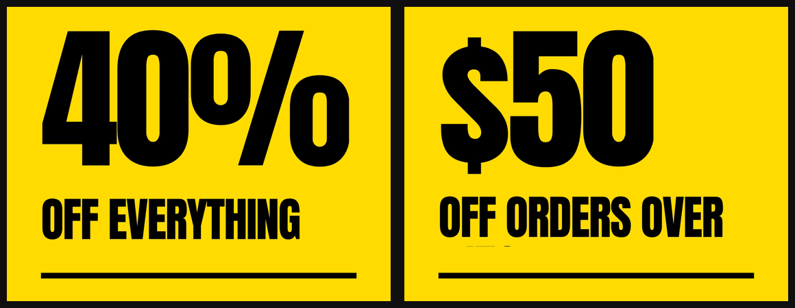 Two frames from real renders of the same template side by side. The left frame reads 40% OFF EVERYTHING on one clean line. The right frame reads $50 OFF ORDERS OVER with the second line, $150, sheared off at the bottom of its container.