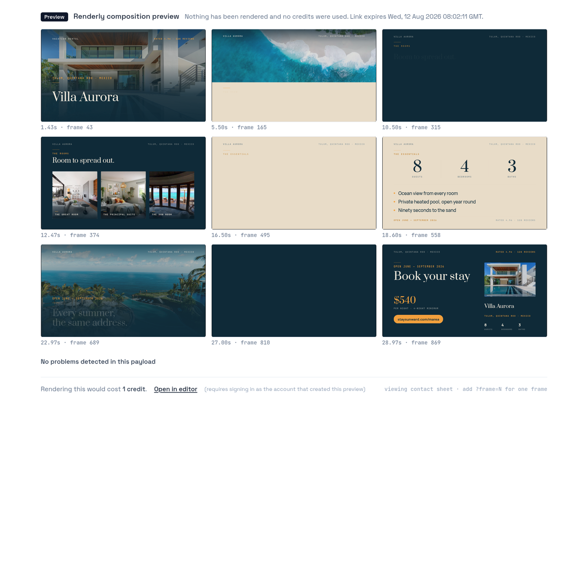 Renderly preview contact sheet showing nine labelled frames from a 32-second property video, each captioned with its timestamp and frame number