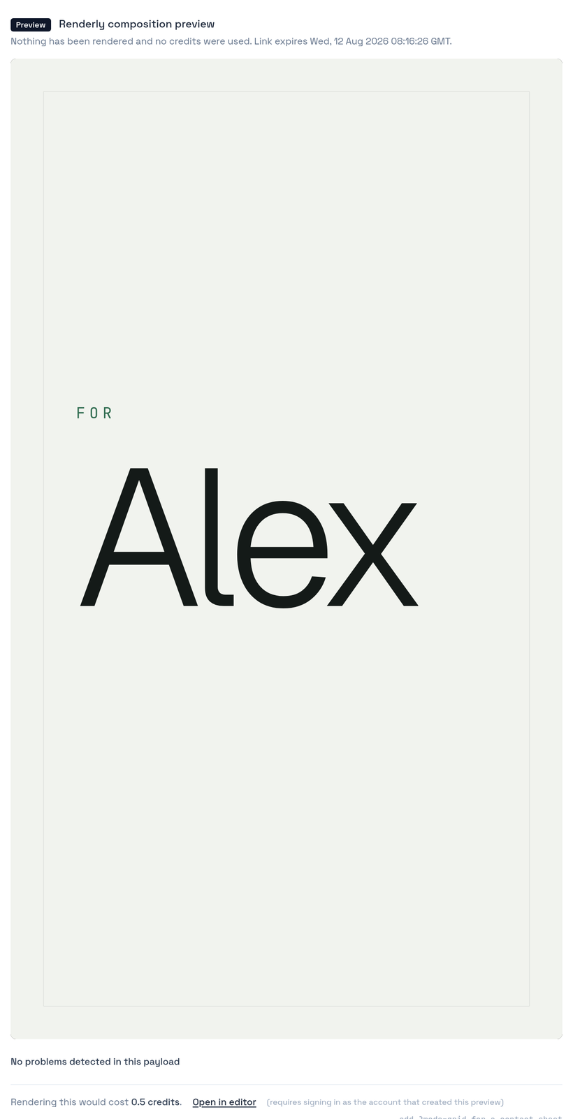 Renderly preview showing the name Alex fitting on one line, with the message No problems detected in this payload