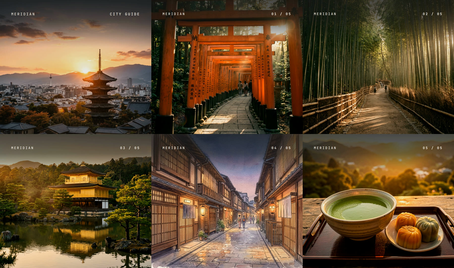 Six AI-generated images from one Renderly render: a Kyoto pagoda at sunset, red torii gates, a bamboo path, the golden pavilion, a watercolor Gion street, and matcha with sweets